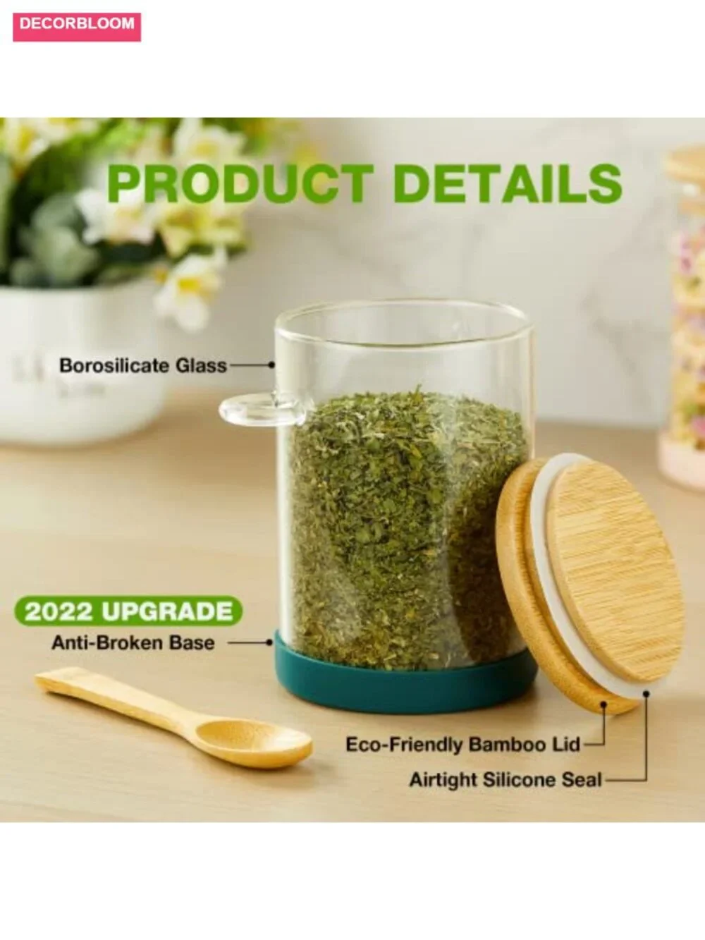Set of 4 Airtight Glass Jars with Bamboo Lids & Spoons, Food Storage Canisters